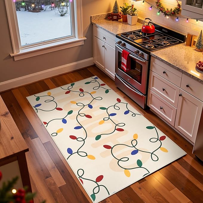 jinchan Jingle Lights Christmas Rug 3x5 for Entryway Kitchen Beige Holiday Rug for Bedroom Colored String Lights Printed Xmas Decor for Living Room Bathroom Washable Non Slip Decorative Floor Carpet