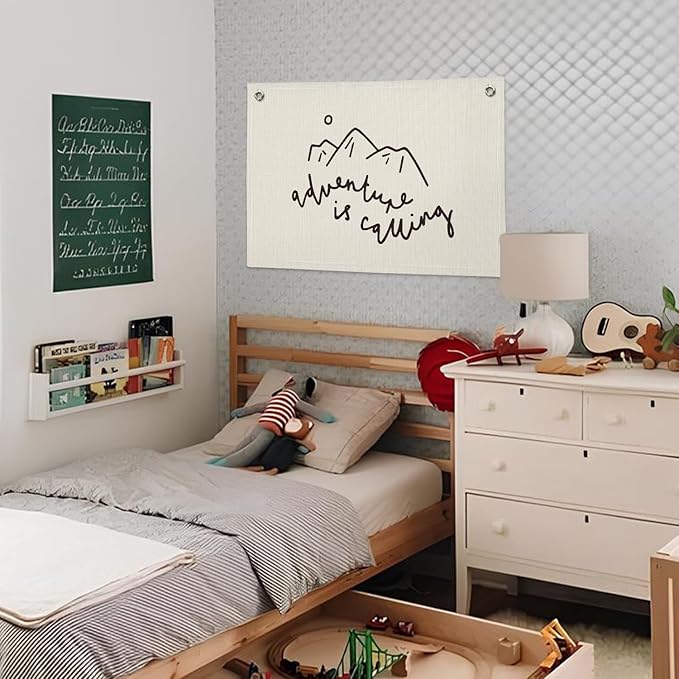 Adventure Nursery Decor – Mountain-Themed Linen Canvas Banner, Baby Shower & Boys' Room Wall Hanging Flag, 20x30 Inch