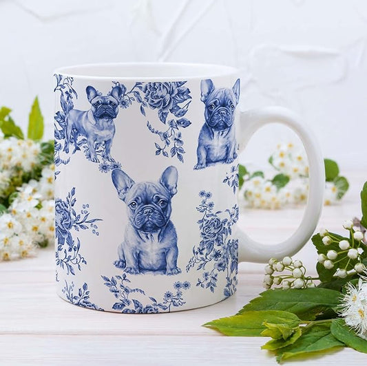 French Bulldog Blue French Toile Mug, Bulldogs Lover Gifts for Women, Blue Chinoiserie Toile Coffee Cup for Bulldog Mom, Dog Lovers Tea Coffee Mug Birthday Gifts for Dog Owners, 11oz