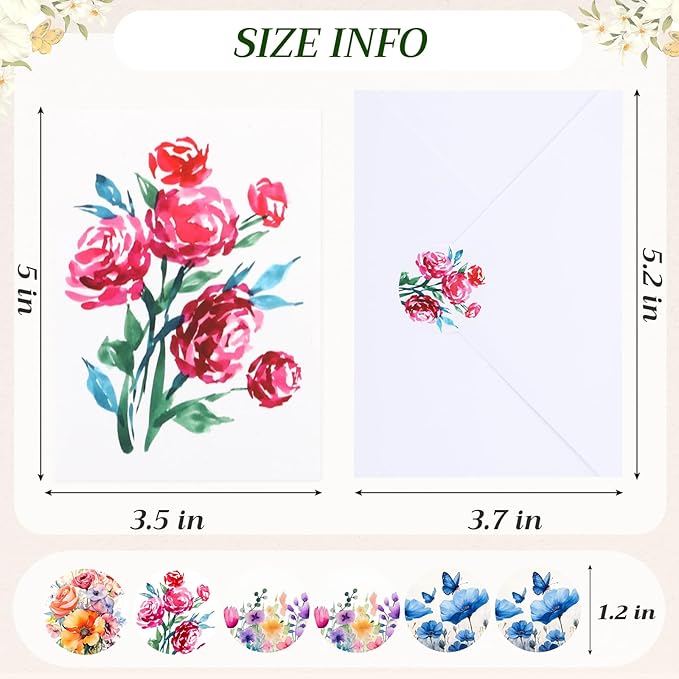 Gueevin 96 Pcs Painted Flowers Blank Cards & Notes Assortment with Envelopes and Stickers 3.5 x 5 Inch Watercolor Florals Blank Greeting Cards for Wedding, Party, Business, Invitations, Graduation