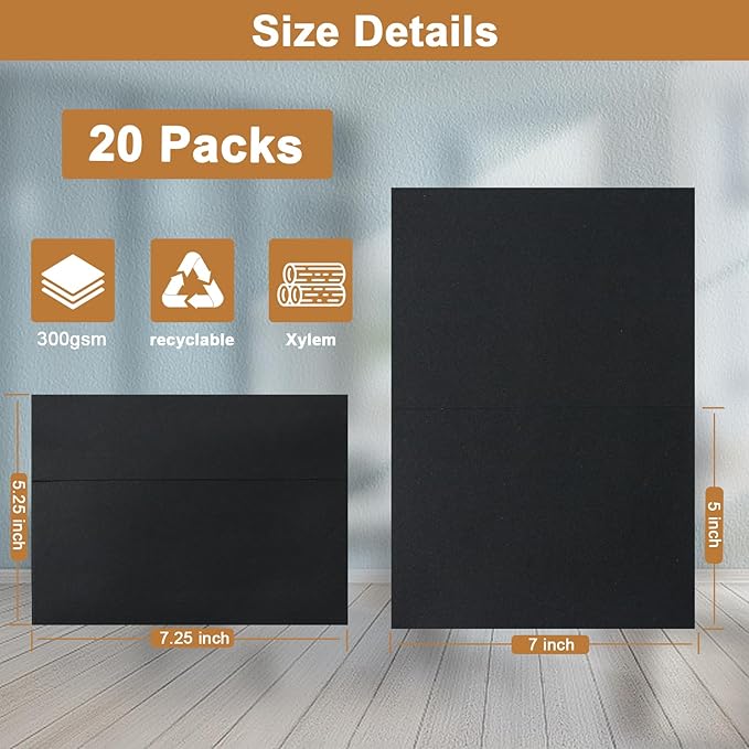 Black Blank Cards with Envelopes 5 x 7 Heavyweight Folded Cardstock and Printable A7 Envelopes Self Seal 20 Packs for Thank You Cards, Wedding Invitations, Mailing, Birthday Party