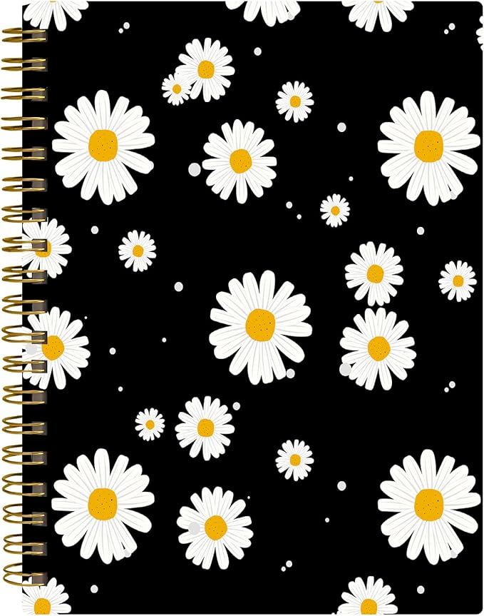 Spiral Journal Notebook,A5 Hardcover Lined Journals for Women 6 x 8.3 in,60 Sheets 120 Pages Thick Paper,Cute College Ruled Writing Notebook for Office Work School(Daisy Black)
