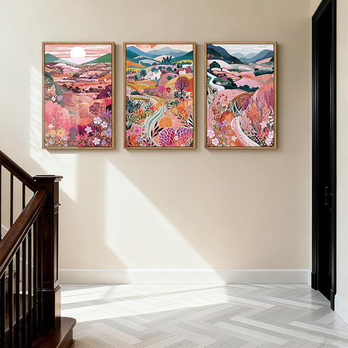 Anyzal Large Colorful Mountain Floral Wall Art Framed Pink Nature Landscape Painting Sunset Scenery Wall Decor for Living Room Bedroom Office 16x24 Inch Set of 3