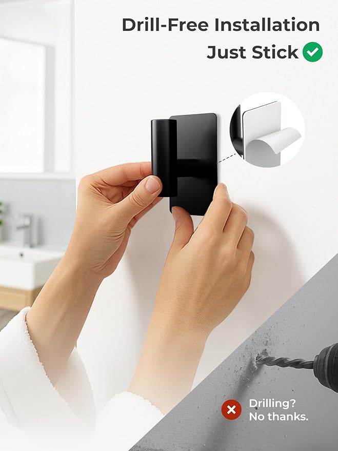 Towel Hooks for Bathrooms – 2 Pack, Matte Black Finish, T-Shaped Stainless Steel Adhesive Wall Hooks for Robes & Towels in Kitchen, Shower, or Closet