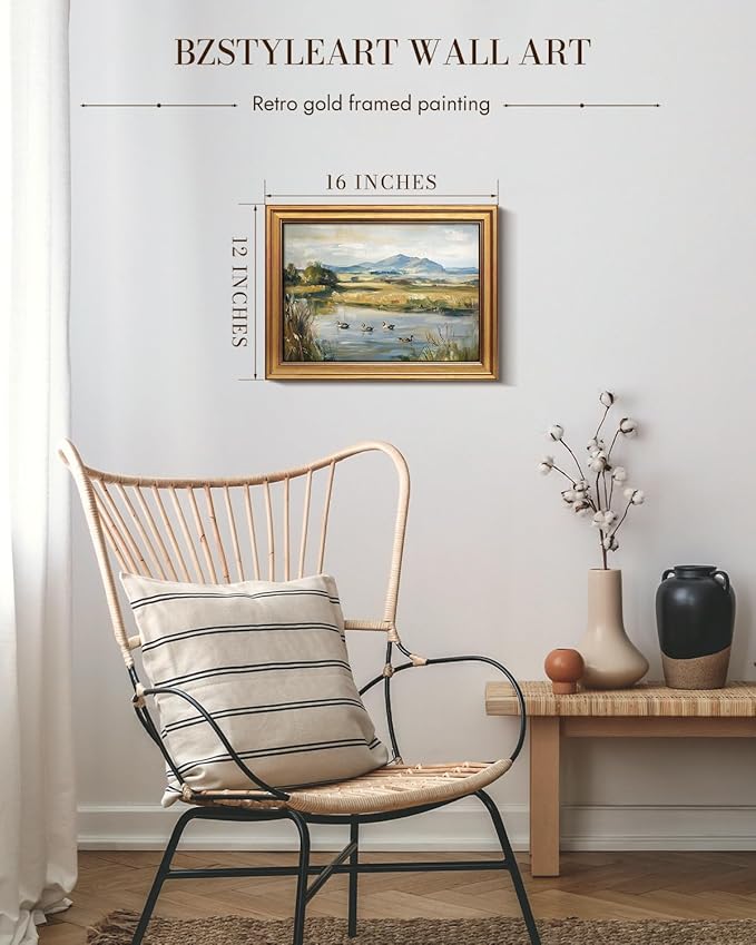 Bzstyleart Vintage Wall Art Decor for Living Room,Gold Framed Canvas Wall Art Home Decor Aesthetic,Ducks Pond Landscape Prints,Canvas Picture Print Artwork,12 x 16 Inch
