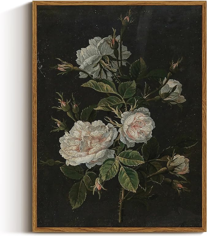 VIYYIEA Vintage Framed Wall Art, Retro Floral Paintings Art Decor Aesthetic, Canvas Print Artwork, Classical Flower Wall Pictures for Bedroom Living Room Fireplace Shelf, 12x16 Inch