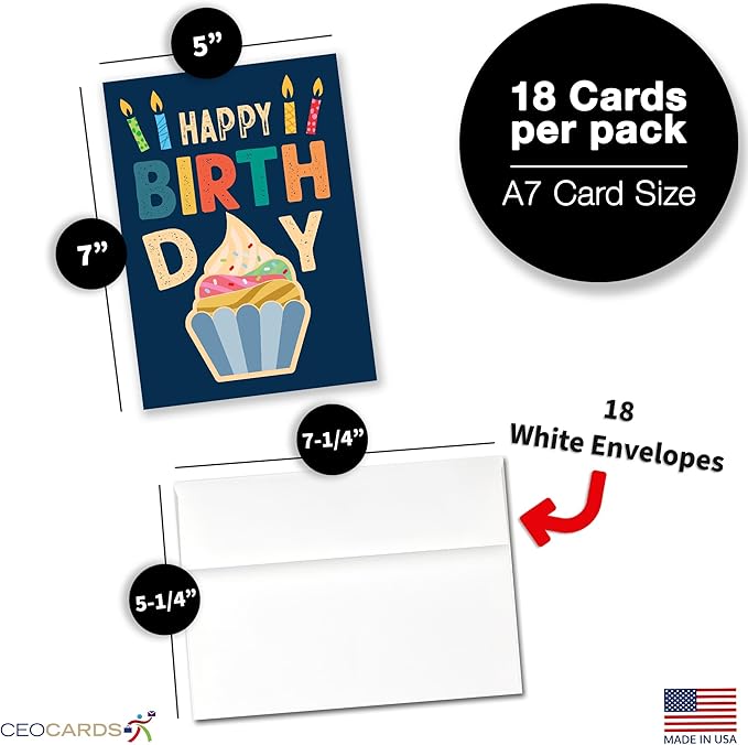 Happy Birthday Cards Bulk Greeting Card Set (Delicious) 18 Pack & White Envelopes - 5x7 Inch Birthday Theme for Family, Women, Men, Coworkers & Office (B2407)