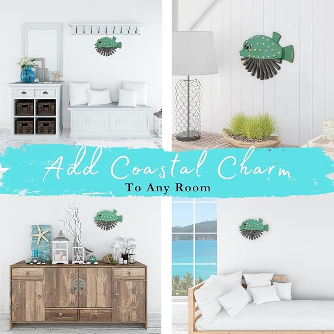 Mint Bucket Brands Driftwood Fish Nautical Wall Decor - 14.5" x 9" Handmade Wooden Rustic Coastal Wall Art for Living Room, Bedroom, Office, Bathroom - Ocean Beach Decoration (Nibbles)