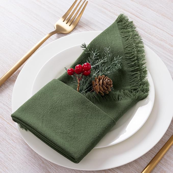6 Pack Olive Green Cotton Linen Napkins with Fringe Green Cloth Napkins Set of 6 Boho Handmade Dinner Table Napkins for Wedding Bridal Baby Shower Tea Party, 17 x 17 Inches