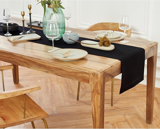 Solino Home Linen Black Hemstitch Table Runner 48 Inches - 100% Pure Linen Small Table Runner 14 x 48 Inch Ideal for Dresser and Coffee Tables - Medium Weight, Winter