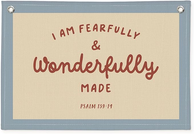 Kids Room Decor - Bible Verse Wall Hanging, 'I am Fearfully and Wonderfully Made' Linen Banner, Canvas Decoration for Classroom, Nursery - Blue
