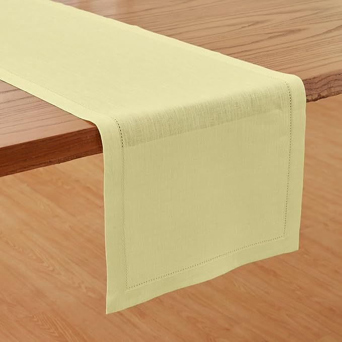 Solino Home Linen Table Runner 120 Inches Long - Milan Hemstitch 100% Pure Linen Butter Yellow Dining Table Runner 14 x 120 Inch for Spring, Easter