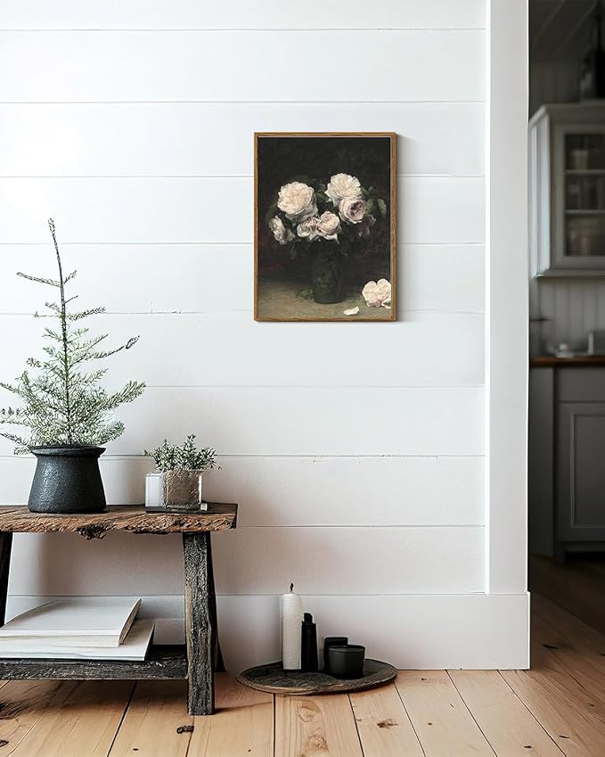 VIYYIEA Floral Framed Wall Art, Rose Flower Vintage Art Decor Room Aesthetic, 12x16 Inch Canvas Print Artwork, Farmhouse Still Life Painting Wall Decor for Bedroom Bathroom Office