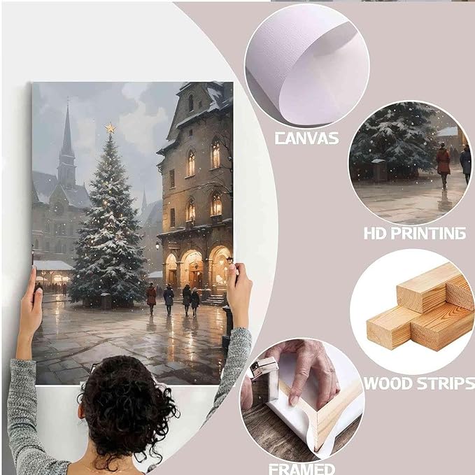 Framed Canvas Wall Art Vintage Christmas Tree Print Moody Winter Wall Art Farmhouse Christmas Decor 20x30in Wood Framed