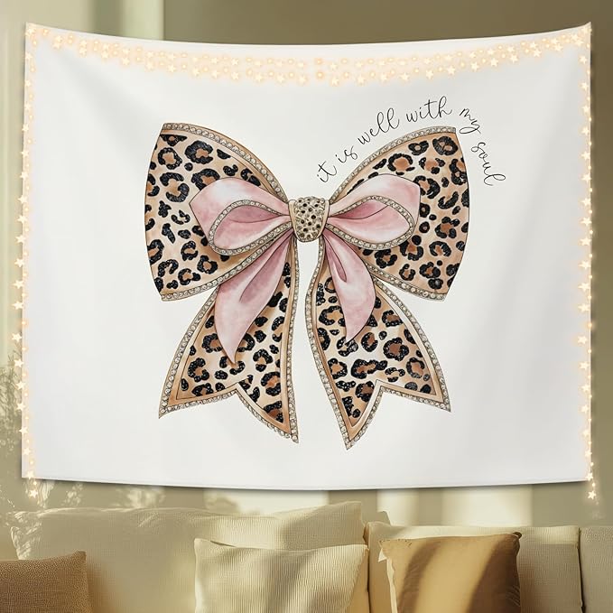 STHTTSW Christian Leopard Bow Tapestry Aesthetic, It Is Well With My Soul Tapestries Wall Blanket, Girly Religious Wall Hanging Decor for Girl College Dorm Apartment Bedroom Church, 50x60 Inch