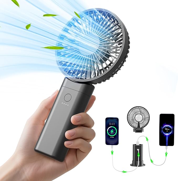 HandFan Upgraded 10,000 mAh Quiet Handheld Fan - 4.5 Inch Large Hand Held Fans Reahargeable, Portable Fan [30 Working Hours] with Charging Function, Lanyard, Base for Travel/Concerts/Lash/Office