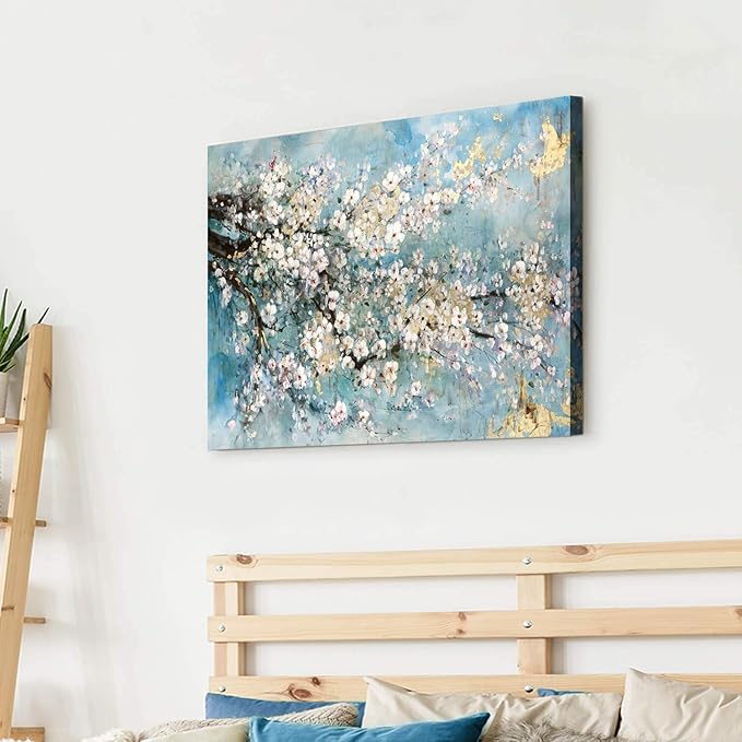ARTISTIC PATH Abstract Canvas Painting Flower Picture: Teal Floral Golden Foil Wall Art on Canvas for Office (36''W x 24''H,Multi-Sized)