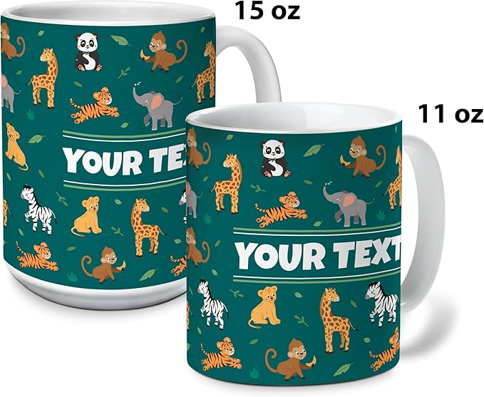 Personalized Mug for Kids - Zoo Animals - Custom Name/Text, Ceramic Hot Chocolate/Cocoa/Coffee Cup for Boys/Girls, Birthday/Christmas/Holiday Gift - 11 oz, Navy Blue Handle