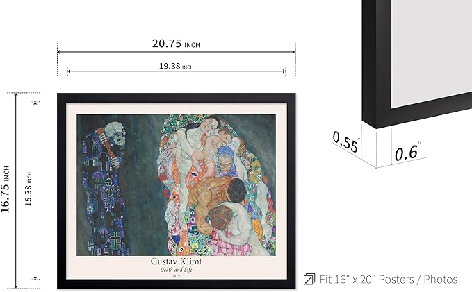 Poster Master Vintage Gustav Klimt Poster - Retro Death and Life Print - Art Nouveau - Symbolism Art - Abstract Art - Aesthetic Art - Classic Painting - Living Room Decor - 16x20 Black Framed