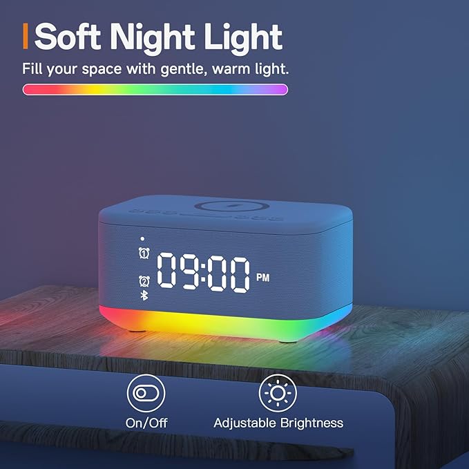 Alarm Clock Speaker Wireless Charger, Digital Alarm Clocks Bedrooms Bluetooth, Alarm Clock Dimmable Light Bedrooms Bluetooth Speaker Dual Alarm Snooze 12/24H Dimmer Support USB AUX, White