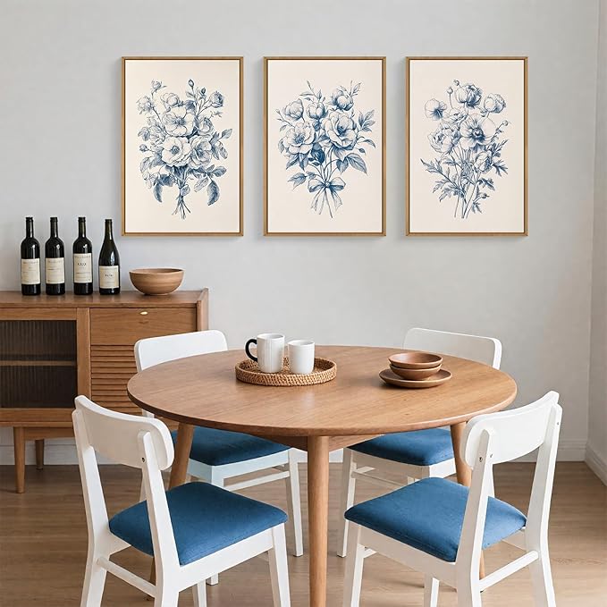 KAIRNE Blue Floral Wall Art Set of 3, Vintage Botanical Flower Framed Canvas Prints, Blue and White Chinoiserie Flower Artwork Decor for Living Room, Bedroom, Office - 24×36 inch