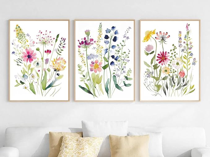 Colorful Wildflower Botanical Canvas Wall Art,Watercolor Flowers Art Poster, Floral Pictures Wall Decor,(8"x10"x3 pcs, Unframed). Painting Artsy Room Decorations for Bedroom Bathroom