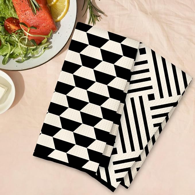 Black and White Kitchen Towels Set of 2, Boho Minimalist Abstract Dish Tea Towels for Kitchen Decor, Retro Mid Century Modern Hand Towels for Bathroom Decor, 16x24 Inches