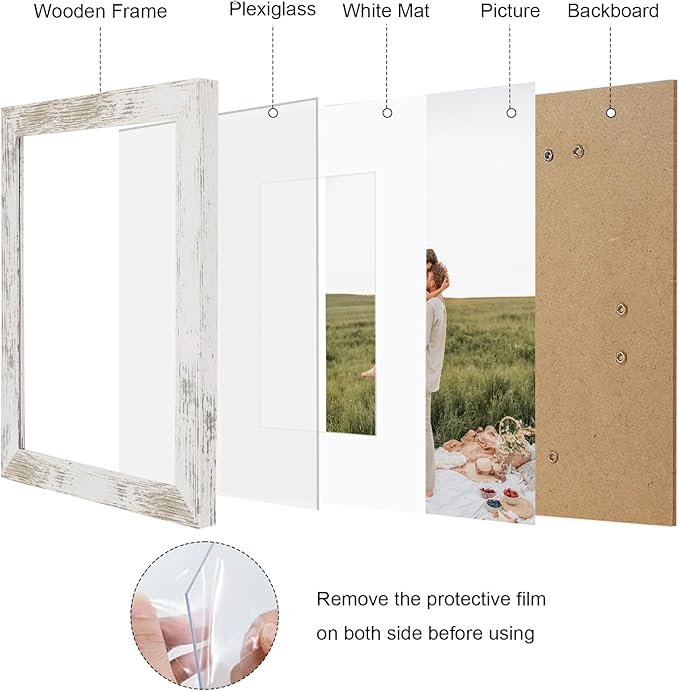 8x10 Picture Frame Set of 9, Display Pictures 5x7 with Mat or 8 x 10 Without Mat, Multi Photo Frames for Wall Mounting or Table Top Display, Distressed White