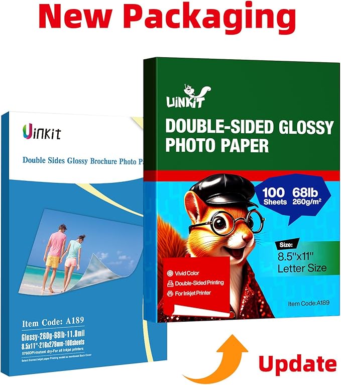 Uinkit Thick Photo Paper Glossy Double Sided 100 Sheets 8.5x11 Heavyweight 68lb 260gsm Inkjet Both Sides Printable 11.8mil A4 Letter size Flyer Bulk Pack 8.5 x 11 Card paper postcard postal A189 (100)