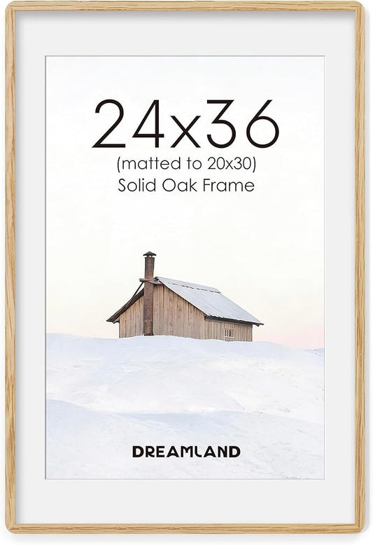 Natural Oak Wood Picture Frame 24x36, Wooden Poster Frame with Mat for 20x30, Round Corner 24 x 36 Matted Picture Frames with Resistant Plexiglass for Wall Mounting or Tabletop, Oak Color, Set of 1