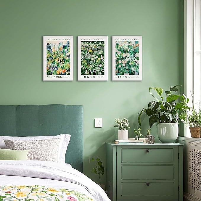 XLARTMY Flower Market Wall Art Prints Canvas Green Yellow White Floral Paintings Colorful Botanical Travel Flower Posters for Home Decor Pictures Set of 3 for Living Room Bedroom 16x24in