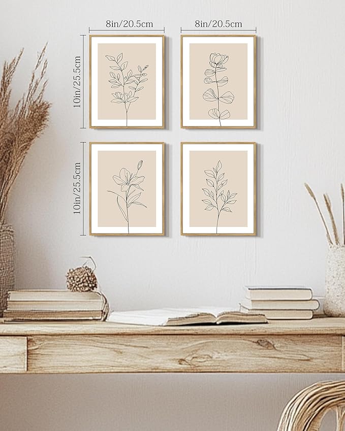 Drsoum Botanical Boho Framed Wall Art Wooded Minimalist Aesthetic Flower Prints Farmhouse Retro Plants Rustic Bathroom Kitchen Home Decor Ready to Hang 8x10inx4pcs (Natural Framed)