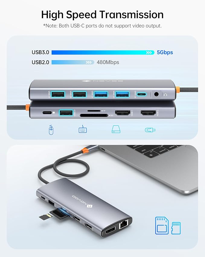 NOVOO USB C Docking Station Dual Monitor for Laptop, 14 in 1 USB C Hub Adapter Thunderbolt 3 to Dual 4K60 HDMI+8K30 DP USB C/A Data 100W PD RJ45 SD/TF Audio