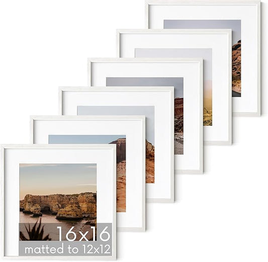 HAUS AND HUES White Oak Wood 16x16 Picture Frames - Set of 6, Square Frames with Mat, Contemporary White Frames for Gallery Walls (16x16 in, White, Set of 6)