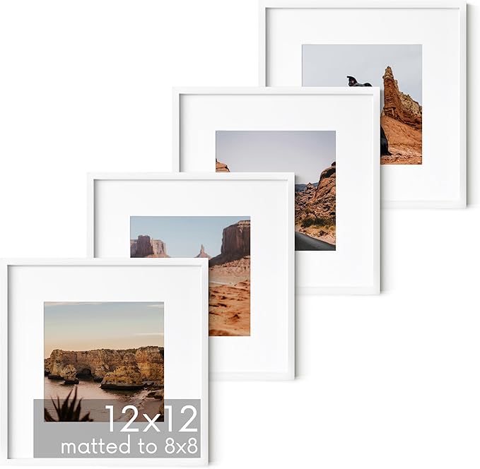 HAUS AND HUES 12x12 White Metal Picture Frames Matted to 8x8 - Features Premium Aluminum & Hanging Hardware, Shatterproof Plexiglass - Ideal for Home, Room, Office (12x12 in, White, Set of 4)