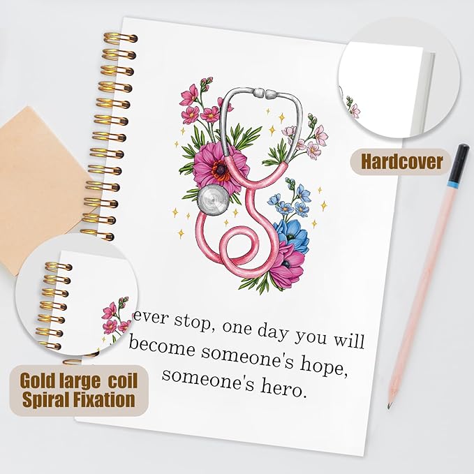 WUCHJ Nurse Notebook, Nursing School Gifts Journal, Future Nurse Doctor Gifts, Floral Stethoscope Spiral Notebook Journal for Note Taking, Nursing Medical Office Supplies, 5.5x8.3 Inch
