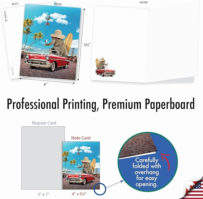 The Best Card Company - 20 Blank Note Cards with Envelopes (4 x 5.12 Inch) - All Occasion Animal Card Assortment (10 Designs, 2 Each) - Elefantasy Fun AM9617OCB-B2x10