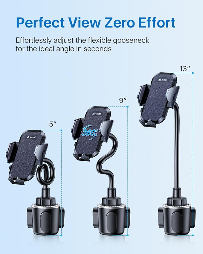 andobil Military-Grade Cup Phone Holder for Car/Truck, [2025 Enhanced] 13" 360° Adjustable Gooseneck w/Anti-Shake Car Mount, Universal Car Phone Holder for iPhone/Samsung All 4.0-7.0" Devices, Blue