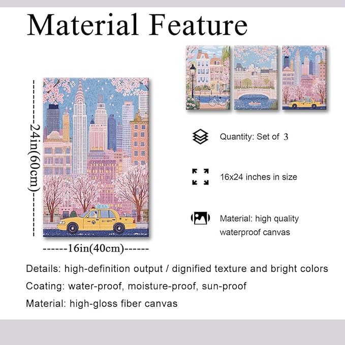 XLARTMY Watercolor City Landscape Travel Wall Art Canvas Framed Pink Cherry Flower Poster Girly Prints Painting Pictures Set of 3 for Bedroom Living Room Office 16x24in