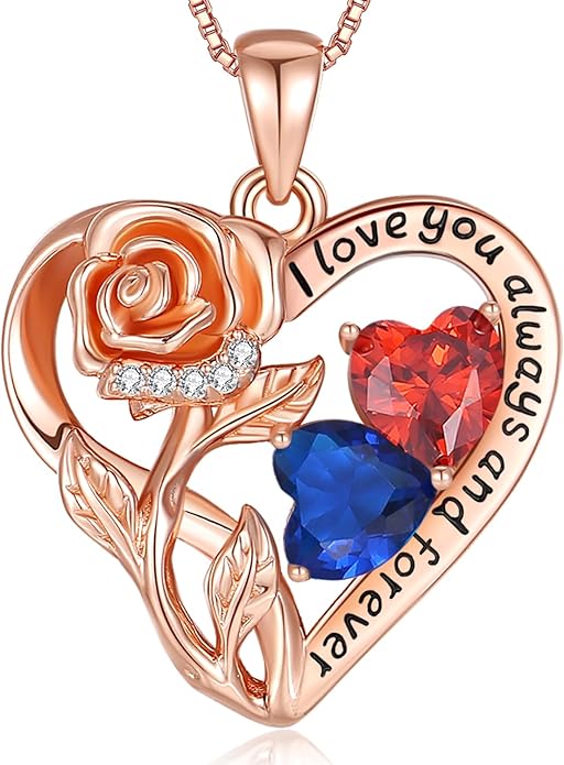 925 Sterling Silver Double Birthstone Rose Flower Heart Jewelry Necklaces for Women Anniversary Love Forever Necklaces for Her Birthday Gifts for Wife Girlfriend Mom Mothers Day Rose Gold