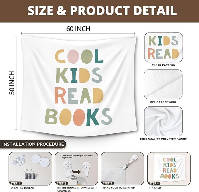 XLDLIOO Boho Classroom Tapestry, Cool Kids Read Books Wall Tapestry, Boho Classroom Decor, Kids Tapestries Decor Art for Reading Room Corner Nook Library, 50x60in