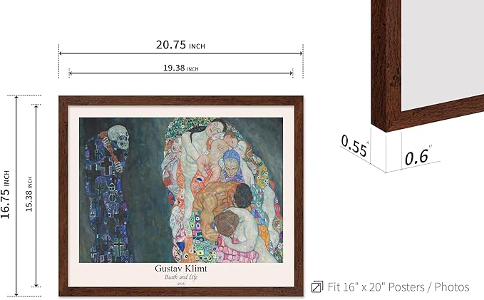 Poster Master Vintage Gustav Klimt Poster - Retro Death and Life Print - Art Nouveau - Symbolism Art - Abstract Art - Aesthetic Art - Classic Painting - Living Room Decor - 16x20 Brown Framed