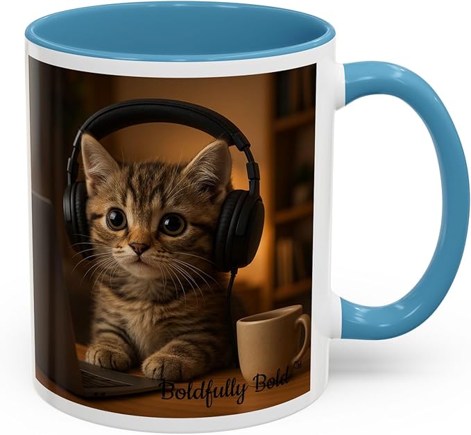 Adorable Cat Coffee Mug, Cute Kitten with Earphones, Pet Lover Gift, Tea Cup, Animal Lover Mug, Coffee Cup