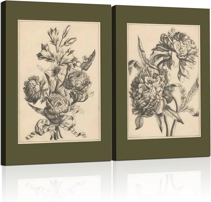 2 Pcs Framed Flower Sketch Wall Art Sage Green Floral Poster Vintage Botanical Wall Decor Peony Flower Prints Antique Floral Drawing Painting for Bedroom Living Room 16x24 inch Ready to Hang