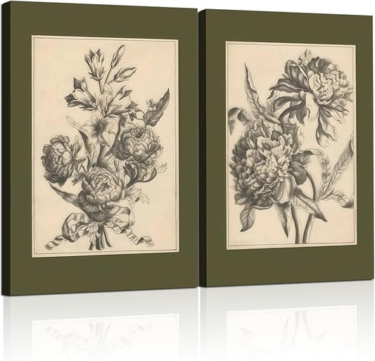 2 Pcs Framed Flower Sketch Wall Art Sage Green Floral Poster Vintage Botanical Wall Decor Peony Flower Prints Antique Floral Drawing Painting for Bedroom Living Room 16x24 inch Ready to Hang