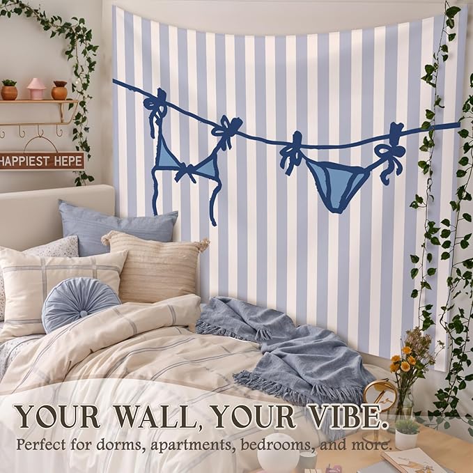 STHTTSW Blue Coastal Bikini Tapestry, Preppy Beachy Tapestries Wall Blanket, Aesthetic Coastal Cowgirl Wall Hanging Decor for Teen Girl Women College Dorm Apartment Bedroom, 50x60 Inch
