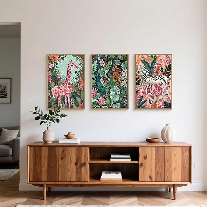 Large Jungle Giraffe and Zebra Framed Canvas Wall Art,Modern Safari Wild Animal Wall Decor,Tropical Nature Wildlife Artwork,Boho Botanical Art Print for Living Room,Bedroom,Office-16 x24 x3