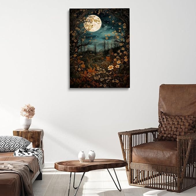 Vintage Moon Posters Painting Art, William Morris Full Moon Above Woodland Print - Morris Exhibition Print,Botanical Art Wall Decor for Bedroom Kitchen Living Room Office 20x30in Large Frame Wall Art