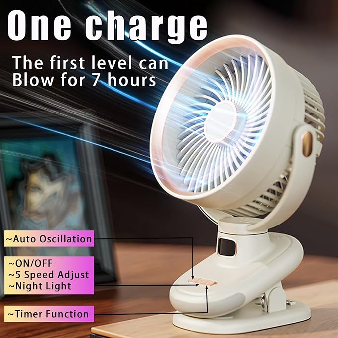 USB Rechargeable Small Desk Fan Quiet, Clip on Fan for Bed,Rotating Oscillating Table Fan for Bedroom,5 Speed Mini Table Fan for Office,Cooling Timer Fans with Lights, Outdoor Camping Fan