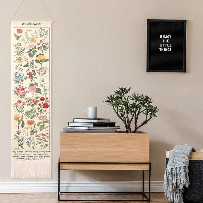 Geetery Vintage Floral Vertical Tapestry Wall Hanging Long Narrow Wall Fabric Flower Hanging Reference Illustrative Botanical Tassel Tapestry for Home Decor Gift(White)